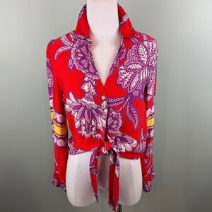 Rachel Zoe Red Floral Tropical Tie-Front Button down Blouse, Resort wear Small